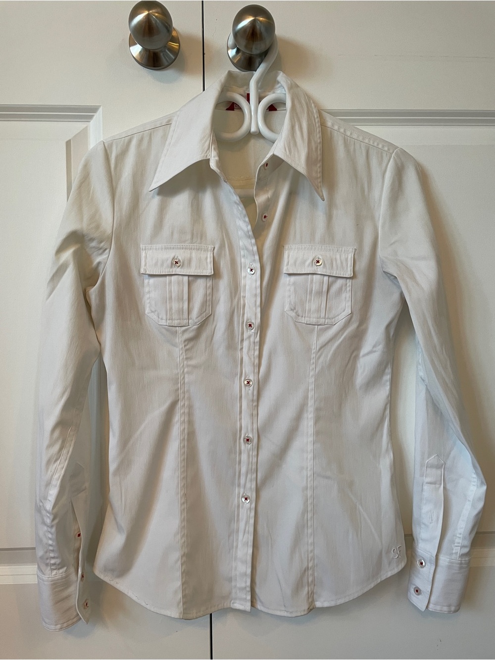 Women's White Button-Front Blouse with Chest Pockets